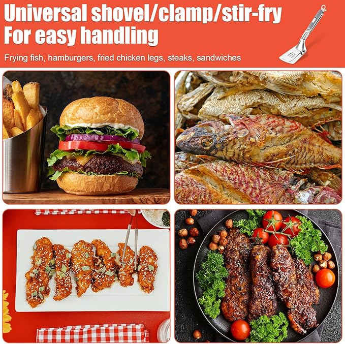 Extended Handle Spatula Tongs, 11.6 Inch Long Anti-Scald Stainless Steel Grill Clamp Spatula Food Flipping Cooking Serving Tongs Spatula for Steak Pancakes Barbecue Burgers Pizza (Gray)