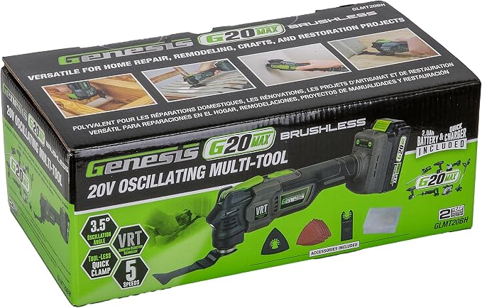Genesis 20V Brushless Oscillating Multi-Tool, G20MAX Vibration-Reduction Technology (VRT), with Battery, Charger and Accessories (GLMT20BH)