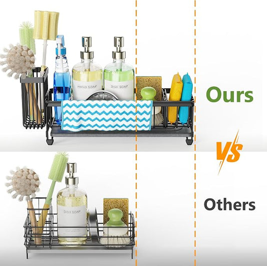 Cisily Large Sink Caddy Organizer with Towel Holder, Quick Dry Sponge Holder for Kitchen, Black Dish Brush Holder for Countertop, Kitchen Decor Storage and Essentials