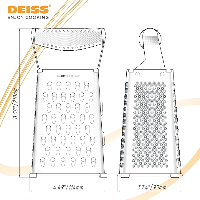 Deiss PRO Box Grater & Cheese Graters for Kitchen - Stainless Steel Cheese Grater and Food Shredder, 4 Sided Hand Grater for Block Cheese, Vegetables Non-Slip Base, Dishwasher Safe