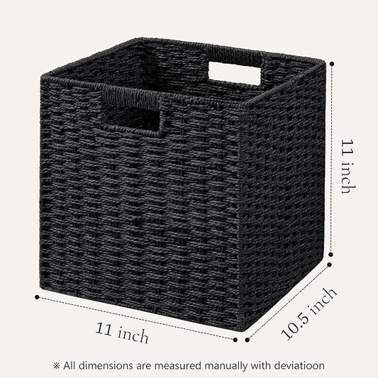 UBBCARE 2 Pack Wicker Basket, 11L×11H×10.5W inch Woven Paper Rope Storage Baskets for shelves, Foldable Cube Storage bin with Handle, Storage Basket for Organizing (Black, Cube-2pack 11")