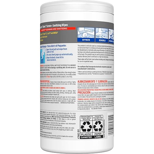 CloroxPro Clorox Screen+ Sanitizing Wipes, Disinfecting Wipes for Electronics, Gentle on Phones, Tablets, LCD Screens, Laptops and Sensitive Surfaces, Citrus Blend Scent, 1 Canister, 75 Wipes, 6 Pack