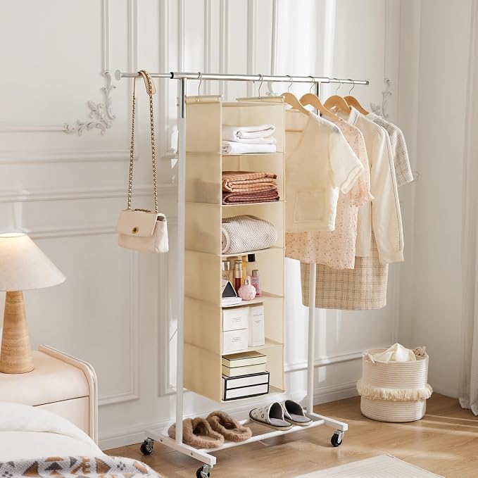 MAX Houser 6 Tier Shelf Hanging Closet Organizer, Cloth Hanging Shelf with 2 Sturdy Hooks for Storage, Foldable (Beige)