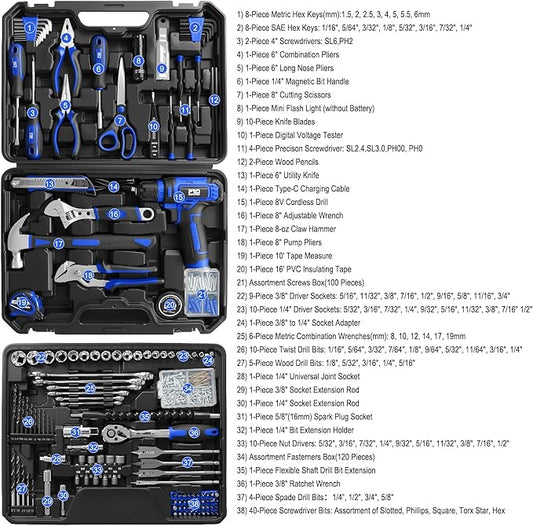 Prostormer Tool Set with 8V Cordless Drill, 369-Piece Home Tool Kit with Drill Driver, Toolbox Storage Case with Drawer, General Household Tools for Home Repairs and DIY, Handyman (Blue)