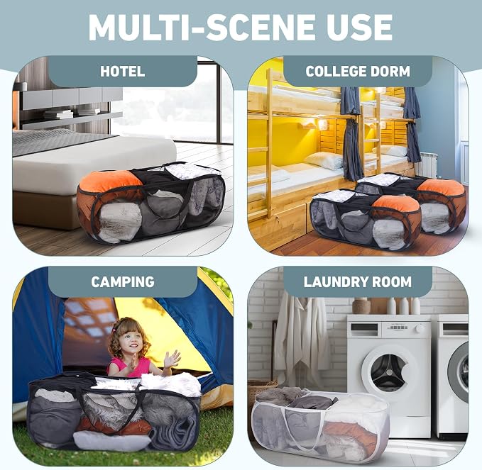 2 Pieces Up Laundry Hamper, 3 Compartment Collapsible Mesh up Laundry Basket, Collapsible Mesh Laundry Baskets for Family College Dorm Hoom Dirt Clothes Bin with Handle