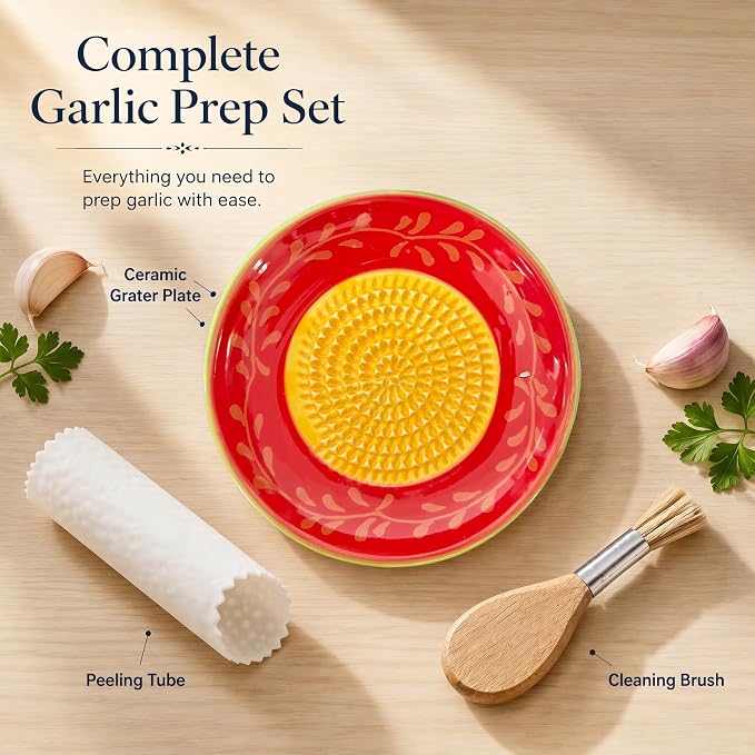 Handcrafted Ceramic Garlic Grater Plate 4-Pc Set, 4.72" Handmade Porcelain Grinding Dish with Wooden Boar Bristle Brush & Textured Silicone Peeler, Crimson Red Olive Vine