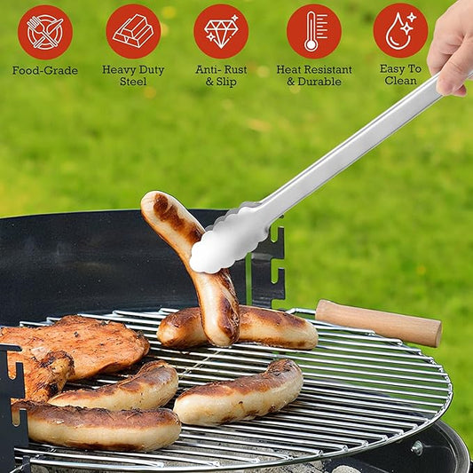 Grill Tongs - 17 Inch Extra Long BBQ Tongs, Heat Resistant Stainless Steel Kitchen Tong, Heavy Duty Metal Locking Tong for Cooking, Grilling, BBQ/Barbecue, Food (All Metal - 17")