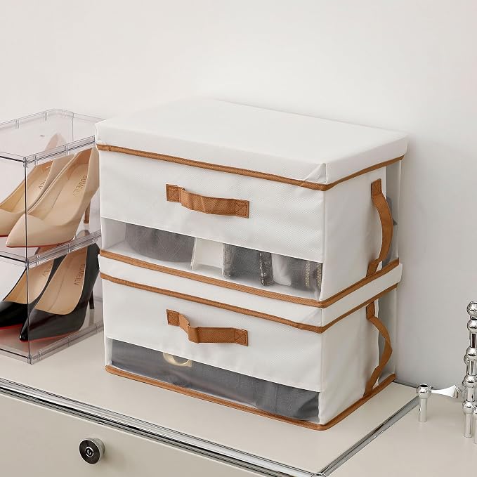 Closet Storage Bins with Lid, Large Stackable Oxford Fabric Organizer with Mesh Window and Handles, Foldable Basket for Clothes, Towels, Toys, Nursery, Beige, 2 Pack