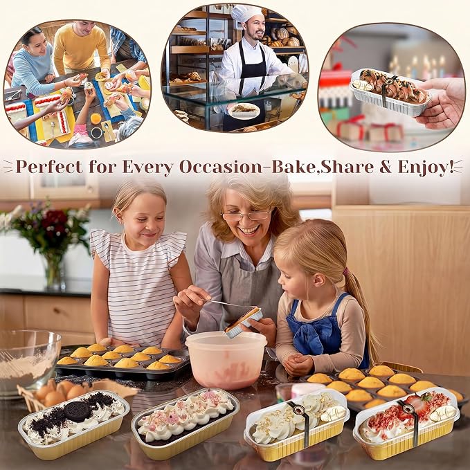 YQER 100 Pack Gold Mini Cake Pans with Lids and Spoons, 6.8 oz Disposable Aluminum Foil Mini Loaf Pans with Stickers, Individual Elegant Dessert Cake Tins Containers for Weddings, Parties, Bake Sales