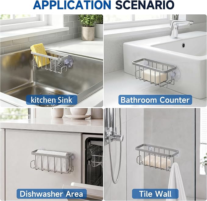 Sponge Holder for Kitchen Sink - Rustproof Coated Sink Caddy with 2 Side Hooks | Heavy Duty Suction Cup In-Sink Organizer for sponge, Scrubber & Stopper, Silver