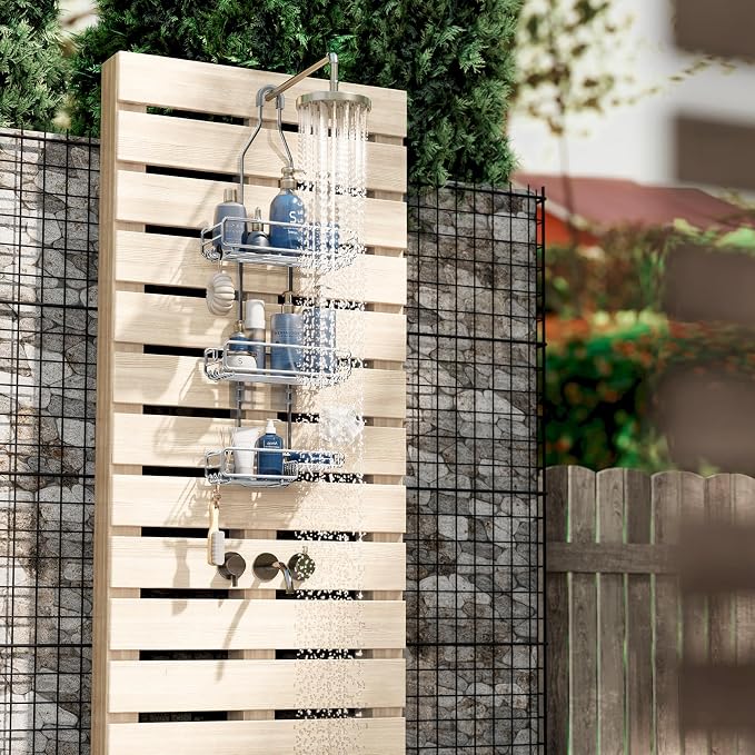 Skyapex Shower Caddy Hanging Bathroom Organizer: Over Head Adjustable Rack for Tall Showerhead - Extra Large Storage Shelf for Big Shampoo Bottles with Soap Holder