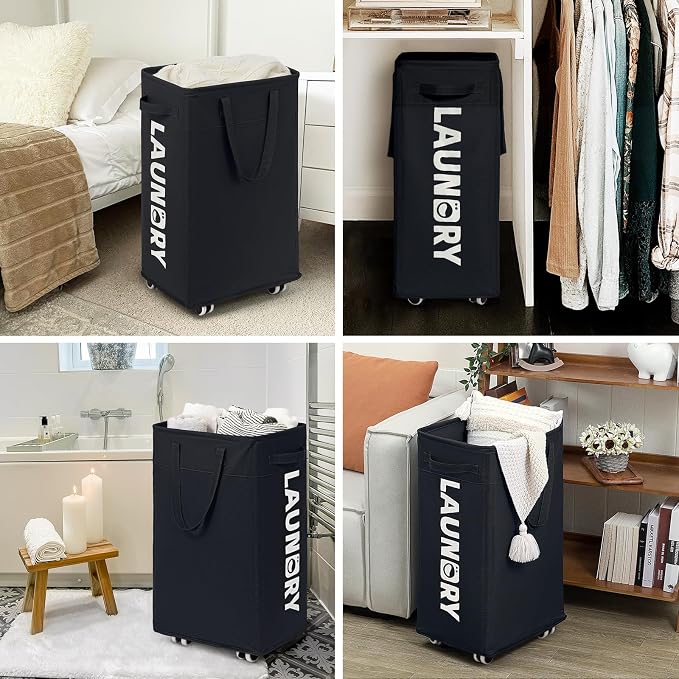 Goodpick 2-Pack Dirty Clothes Hamper with Wash Bag, Rolling Hamper,75L | Black Laundry Hamper with Wheels, Large Laundry Basket with Handles for Dorm Laundry Room, Rolling Laundry Basket