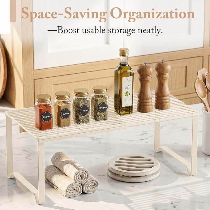 Extendable Metal Wire Shelf Organizer - Adjustable 15-24.4in Length, Stackable Storage Rack for Kitchen/Pantry/Bathroom/Shoe Cabinet/Tool Closet (Cream, 4 Pack)