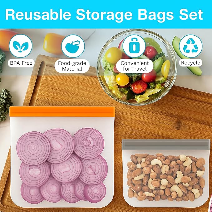 7 Pack Reusable Sandwich Storage Bags, BPA Free Leakproof Food Storage, Dishwasher Safe and Silicone-Free Freezer Bags