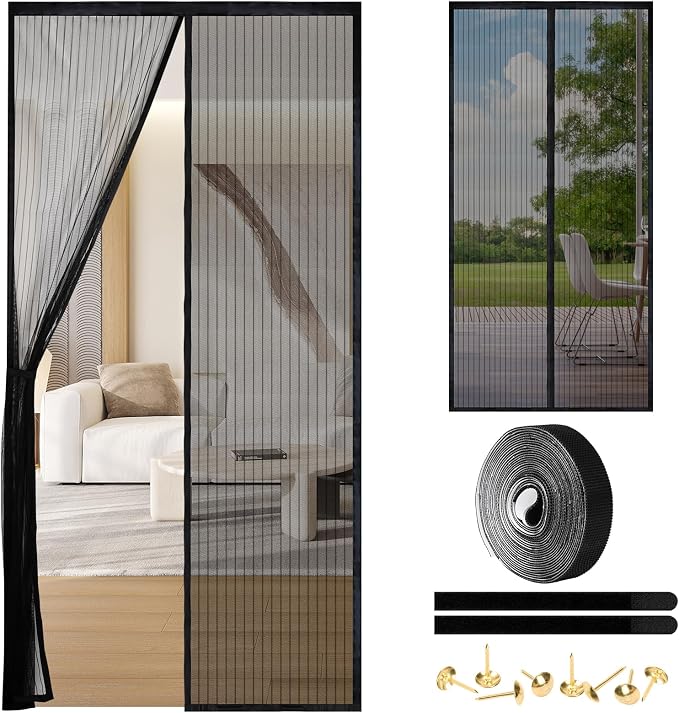 Magnetic Screen Door - Self Sealing, Heavy Duty, Hands Free Mesh Partition Keeps Bugs Out Let Breeze in- Pet and Kid Friendly - Keep Open Feature (Black, Fit Door Size 38 x 80 Inch)