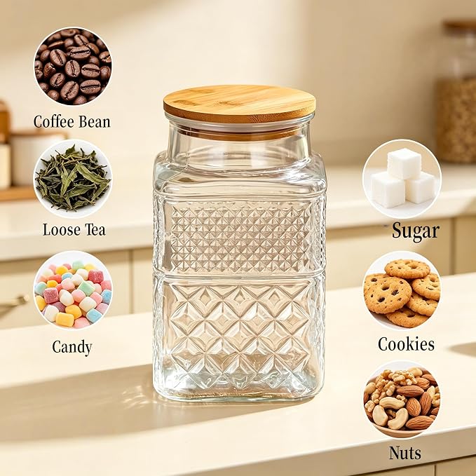 Large Glass Storage Jar, 60 FL OZ Glass Food Storage Containers with Bamboo Lid, Kitchen Laundry Room Organization Jar for Cookies Coffee Flour Sugar Laundry Pods Detergent Airtight Glass Jars
