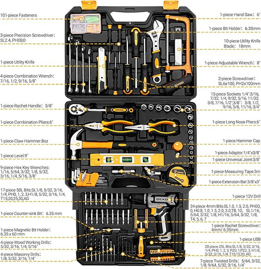 Tool Kit Box Drill Set:DEKOPRO Home Mechanic Toolbox with 12V Power Cordless Drill Hand Repair Tools Sets Combo Kits Storage Organizer Drawer Case for Men