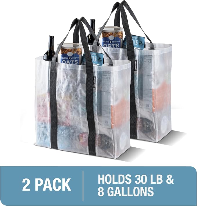 CleverMade Open-Top Storage Tote, 42L, 2 Pack, Transparent | Structured sides stay upright for grocery, laundry, beach, or delivery loading. Reinforced handles carry repeat-use loads.