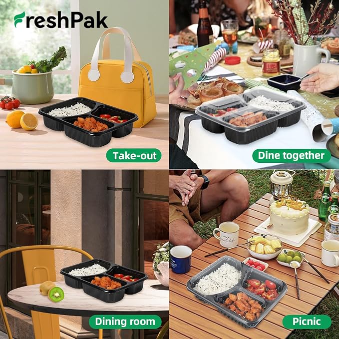 40 Pack 38oz Meal Prep Containers - Shrink Wrap Ready To Use | Reusable Leakproof 3 Compartment To Go Boxes | BPA-Free, Microwave & Freezer Safe | Portion Control Takeout Food Storage