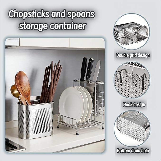 Stainless Steel Kitchen Utensil Holder with Hooks, 2-Tier Stainless Steel 304 Utensil Holder,Rustproof Heavy Duty Dish Drainer for Kitchen Sink Countertop,5.51x4.33x2.76 Inch