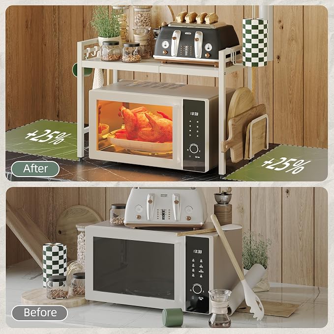 NETEL 2 Tier Expandable Microwave Stand countertop,Microwave Oven Rack | microwave shelf with Paper Towel and Chopping Board Holder, storage shelf for pans &appliances,8 Hooks,55lbs max load,White