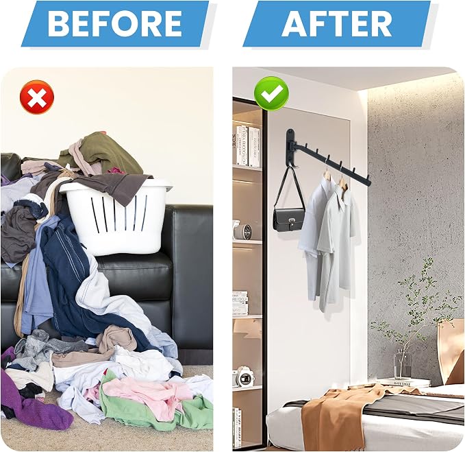 Mooche Swing Clothes Hanger Rack, Garment Racks 11.93" Long, Balck | 180°Rotation Laundry Drying Rack 304 Stainless Steel Space Saving Wall Mounted for Laundry Room Bedroom Balcony