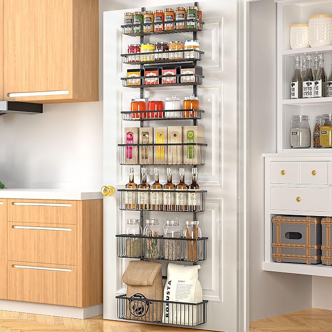 Moforoco Over The Door Pantry Organizer, Pantry Door Organizer Shelves, Kitchen Organizers and Storage, Hanging Basket Wall Spice Rack Seasoning Shelves, Laundry Room Bathroom accessories(Black