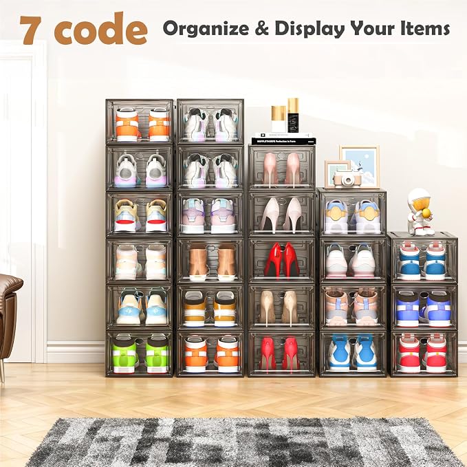 12 Pack Shoe Organizer, Stackable Shoe Storage Boxes with Magnetic Door | Clear Plastic Shoe Boxes for Sneakers, Boots & Heels, Foldable Space-Saving Shoe Rack for Closet, Durable Shoe Cabinet, Black