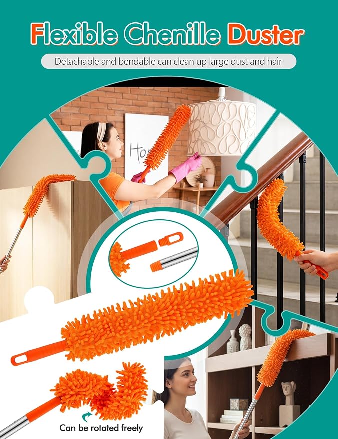 Ceiling Fan Cleaner Duster Kit, 4-in-1 with 76" Extendable Handle | 180° Rotating Head for Fan Blades, Blinds, Walls and Dusting, Wall Cleaner Mop Feather Duster Cleaning Kit