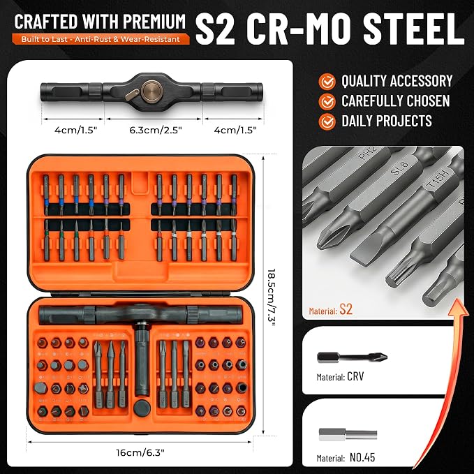 66 in 1 Magnetic Ratchet Screwdriver Set, Professional S2 Steel Precision Tool Kit with Magnet Case, Ratcheting Driver for Furniture Assembly, Electronics,Laptop Repair, DIY Enthusiasts, Men Dad Gift