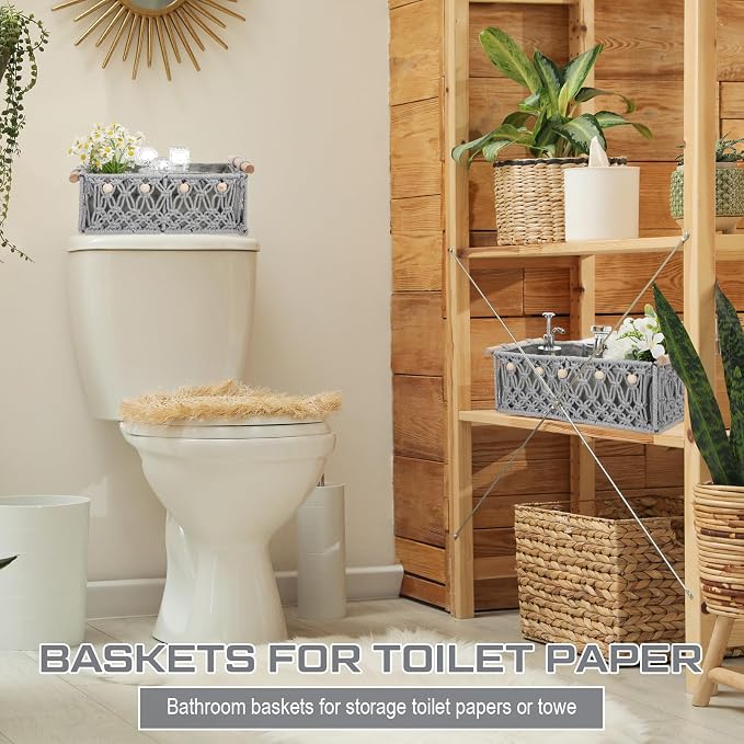 Vesici 4 Pcs Grey Macrame Storage Basket for Shelves 13 in 11 in Boho Storage Basket Hand Woven Boxes with Wood Handles Beads Decorative Countertop Toilet Tank Cabinet Organizer for Home Room Decor
