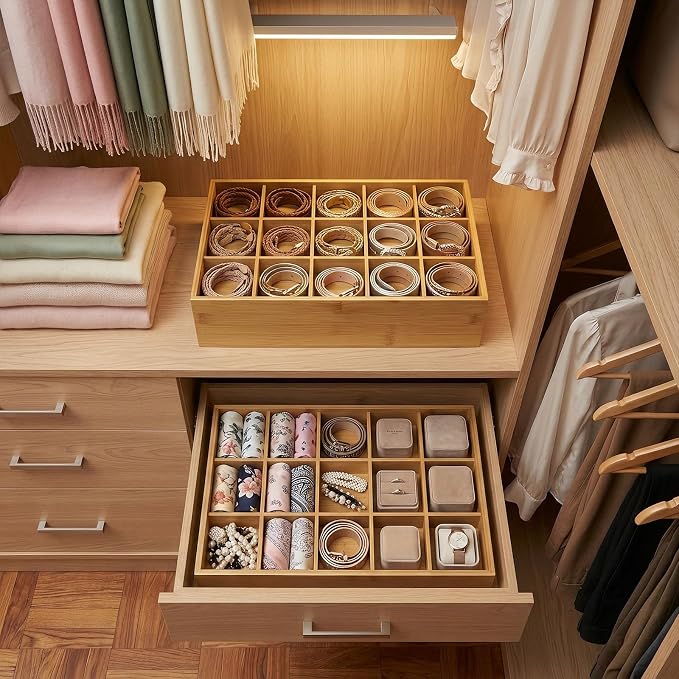 Bamboo Belt Organizer for Closet, Tie Storage Organizer Bins with Detachable Divider Drawer Organizer, Closet Organizers Storage Box for Socks, Bras, Briefs, Ties, Belts,Natural