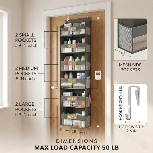 HOMELUX THEORY UPGRADED 6 Tiers Over The Door Organizer Hanging - 100D EXTRA THICK & 50lbs HUGE CAPACITY, 12 Side Mesh Pockets Over The Door Shoe Organizer, Hanging Closet Organizer (Dark Gray, 1pc)
