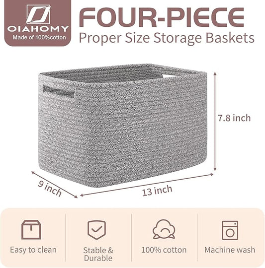 OIAHOMY 4 Pack Storage Baskets for Organizing, Cube Storage Bins for Shelves, Rectangle Storage Baskets With Handles, Woven Baskets for Storage, 12.7''Lx9''Wx7.8''H, Grey