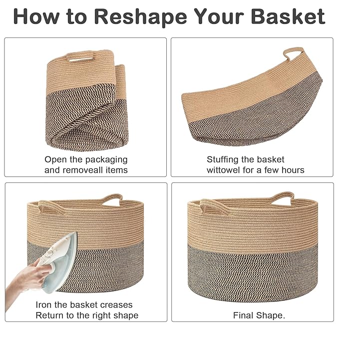 115L Large Blanket Basket,23.6" L x 23.6" W x 15.7" H Rope Woven Baskets with Handles, Toys Storage Bins,Laundry Basket Perfect for Living Room, Nursery,Bedroom,Home Organization,Black&Camel