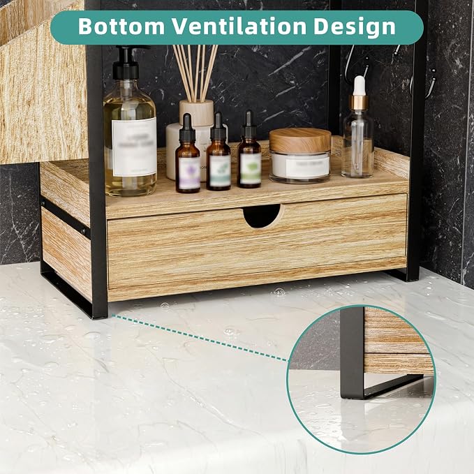 Kottwca 2-Tier Bathroom Counter Organizer with Drawer, Basket & Hooks, Wooden Vanity Shelf for Skincare, Perfume & Makeup Storage(Light Brown)