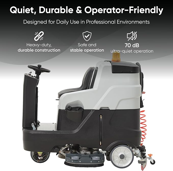 Battery Powered Ride-On Commercial Floor Scrubber Machine, 38" Brush, 48" Squeegee Width, 46 gal Solution Tank, 48 gal Recovery Tank, 5 hr Use 8 hr Charge, 180 RPM, 84,000 Sqft/H, Batteries Included