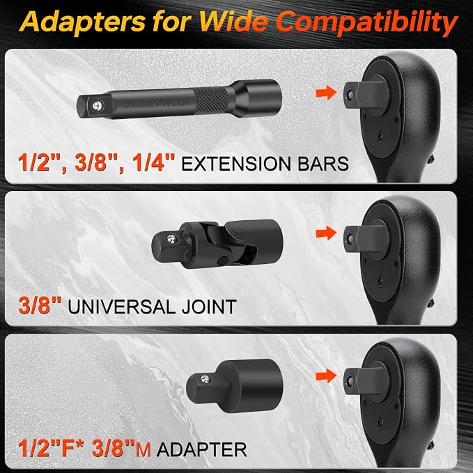 Upgraded Torque Wrench Set 8PCS, 1/4 3/8 1/2 inch Drive Click Torque Wrench, 10-230in.lb, 5-50ft.lb, 10-180ft.lb, 72-Tooth Dual Scale, ±3% Accuracy, 5 Adapters, for Bike, Moto, Car Repair and Maint