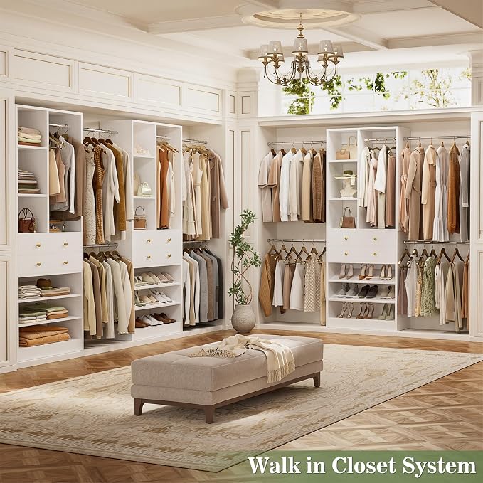 Besiost Closet System, Up to 134"/11.2 FT Closet Organizer with 4 Wooden Drawers and Shelves, Walk-in Closet System with 6 Hanging Rods, Built-in Closet Can Fit 96"/8FT, 120"/10FT, White Set 2