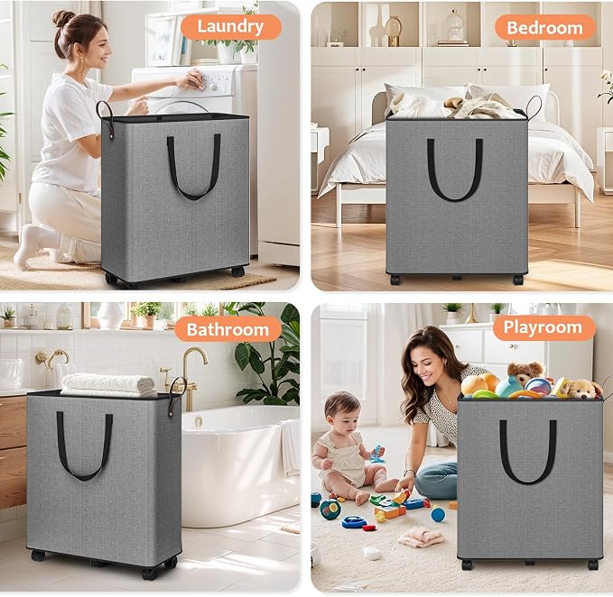 SpaceTrove Rolling Laundry Basket with Wheels, Laundry Hamper, 136L, Grey | Collapsible, 6 detachable wheels including 2 with brakes, sturdy handle, metal frame, for dorms, bathrooms and bedrooms
