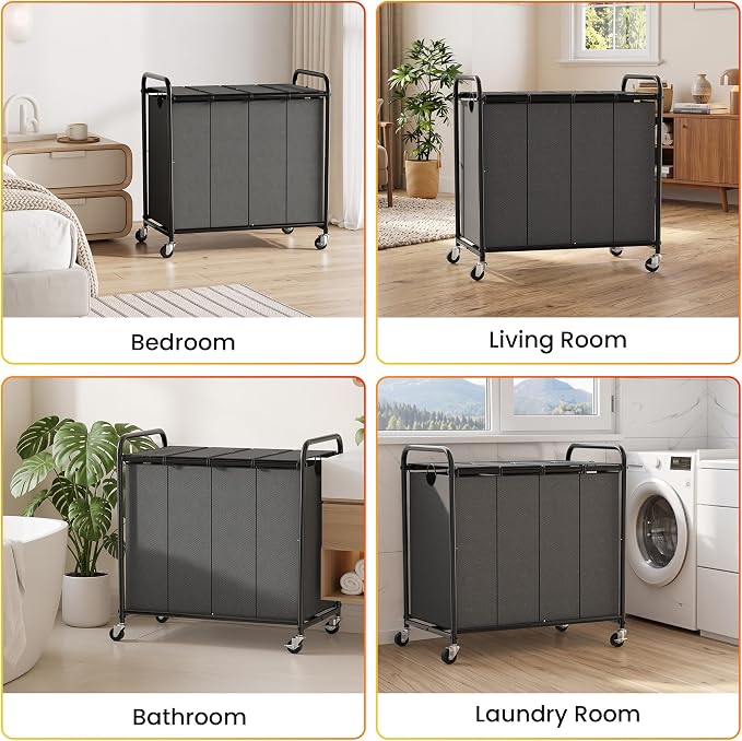 Laundry Sorter 4 Sections 48 Gal, Rolling Laundry Basket with Wheels & Lid | Laundry Hamper, 4 Separated Removable Bags, Lockable Wheels, Dirty Clothes Hamper for Laundry Room Organizer, Grey