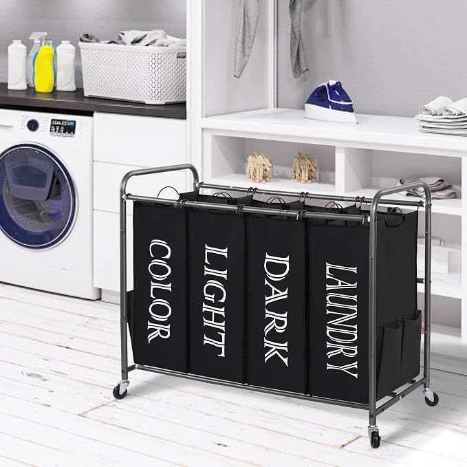 STORAGE MANIAC Laundry Sorter 4 Section, 47.5 Gal (180 L) Laundry Hamper with Wheels, Clothes Divider Basket Sorter, Separator Hamper Cart with Removable Bags, Label Black