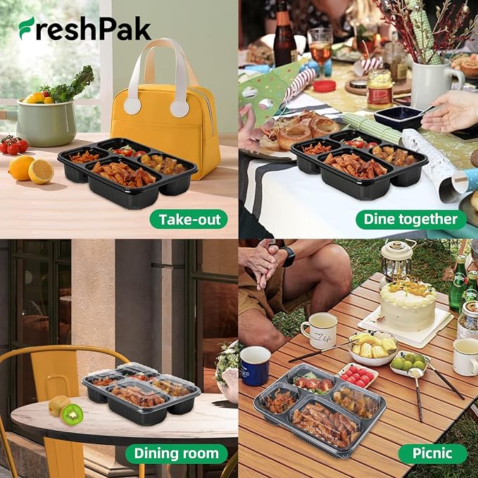 40 Pack 34oz Meal Prep Containers - Shrink Wrapped Ready To Use | 4-Compartment Leak-Resistant | Shatterproof Flexible PP | BPA Free Microwave Safe, Leftover & Catering To-Go Boxes