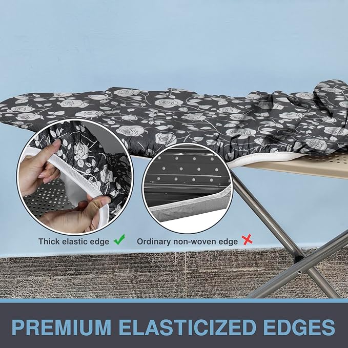 VividPaw Ironing Board Cover and Pad, Standard Size 15x54, Thick Padding, Elastic Edge, Resist Scorching, Adjustable Fastener, Heavy Duty Floral Iron Board Covers (Rose)
