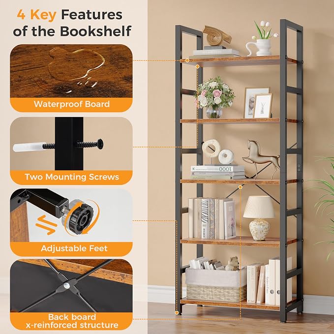DUMOS 5-Tier Bookshelf, Modern Tall Bookcase Book Shelf | Open Storage Display Shelf for Living Room, Bedroom, Home Office, Narrow Standing Shelving Unit for Books, CDs Rustic Brown