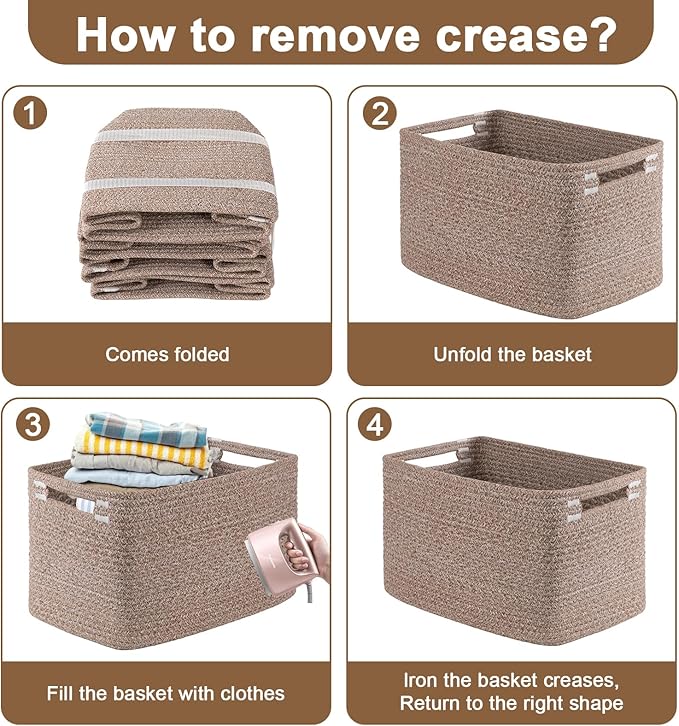OIASKET Storage Baskets for Organizing, Woven Decorative Baskets for Shelves - Books, Towels, and Clothes, Cotton Rope Toy Storage Bins, 12.7''Lx9''Wx7.8''H, Pack of 4, Linen Brown
