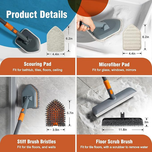 CLEANHOME Floor Scrub Brush Tile Tub Scrubber Brush with 4 Different Cleaning Heads, Shower Brush with 56” Extendable Long Handle, Scrubbers for Cleaning Kitchen, Bathroom, Tub, Tile, Wall