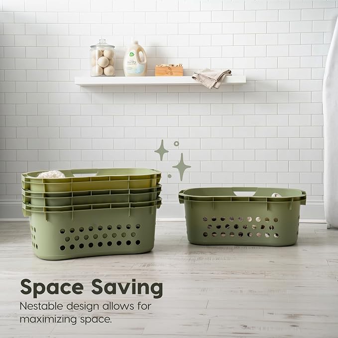 IRIS USA Plastic Laundry Basket 1.5 Bushel (50L), Built-In Handles, Green | Clothes Hamper with Ventilation Holes, Reinforced Rim, Hip Hold Design, Large capacity