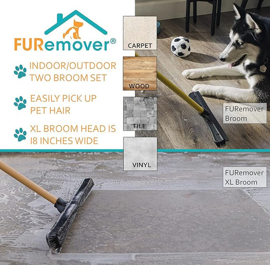 FURemover Pet Hair Removal Rubber Broom, 60" Handle 2-Piece Set