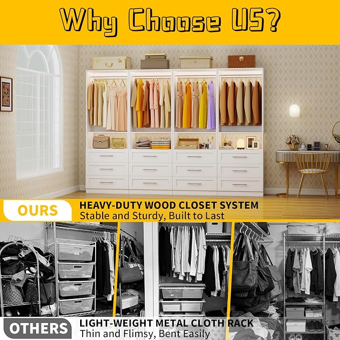 Closet System Set of 4, 8FT-21FT Walk in Closet System with 12 Drawers & 8 Adjustable Hanging Rods, Custom Closet Organizer Systems with 4 Shelves, Modular Closet Storage System Organizer Kit, White